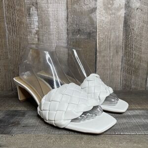 Womens H&M White Faux Leather Braided Slides Kitten Heels Sandals Size 9 M GUC